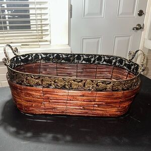 Large 21” x 10.85” wooden basket with metal strawberry decor